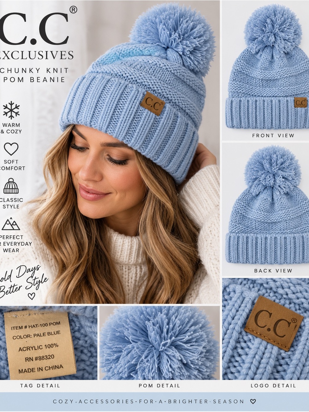 C.C Exclusives Pale Blue Chunky Cable Knit Pom Pom Beanie Winter Hat NWT